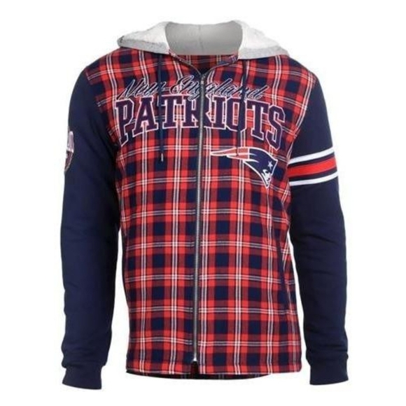 NFL New England Patriots Plaid Embroidered Spellout Flannel Hoodie Jacket XL - Picture 1 of 9